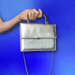 Vintage silver metallic purse crossbody handles chain strap glam reflective